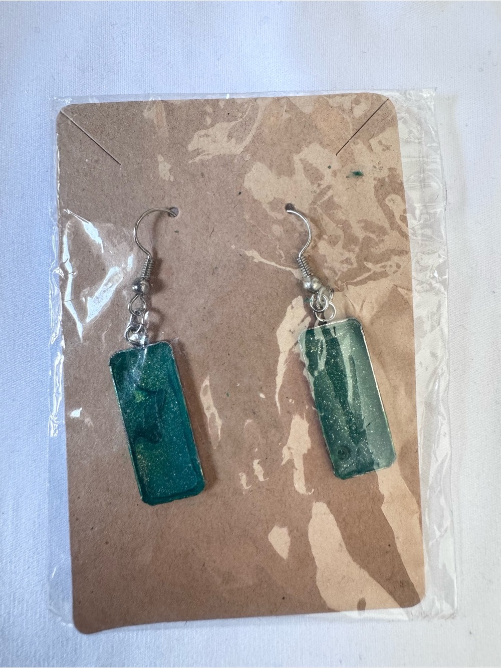 Hand Crafted Teal Green Rectangular Resin Drop Earrings